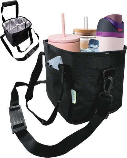 4 Water Bottle Holder with Strap | Family Size 4 Compartment Drink Bag, Multiple Tumbler Carrier Caddy | Adjustable Fits Large & Small Drinks | Hands Free, Won't Tip Over in Car
