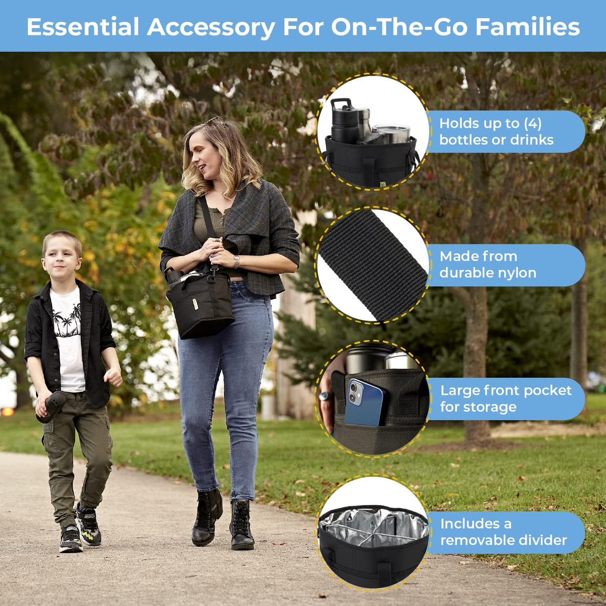 4 Water Bottle Holder with Strap | Family Size 4 Compartment Drink Bag, Multiple Tumbler Carrier Caddy | Adjustable Fits Large & Small Drinks | Hands Free, Won't Tip Over in Car