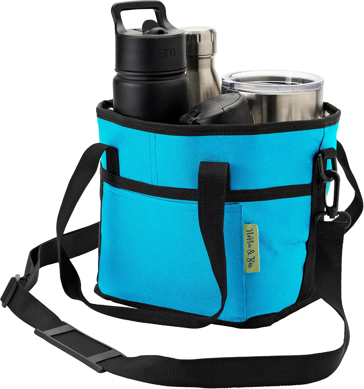 4 Water Bottle Holder with Strap | Family Size 4 Compartment Drink Bag, Multiple Tumbler Carrier Caddy | Adjustable Fits Large & Small Drinks | Hands Free, Won't Tip Over in Car