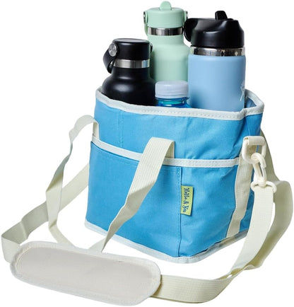 4 Water Bottle Holder with Strap | Family Size 4 Compartment Drink Bag, Multiple Tumbler Carrier Caddy | Adjustable Fits Large & Small Drinks | Hands Free, Won't Tip Over in Car