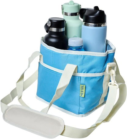 4 Water Bottle Holder with Strap | Family Size 4 Compartment Drink Bag, Multiple Tumbler Carrier Caddy | Adjustable Fits Large & Small Drinks | Hands Free, Won't Tip Over in Car