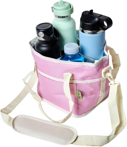 4 Water Bottle Holder with Strap | Family Size 4 Compartment Drink Bag, Multiple Tumbler Carrier Caddy | Adjustable Fits Large & Small Drinks | Hands Free, Won't Tip Over in Car
