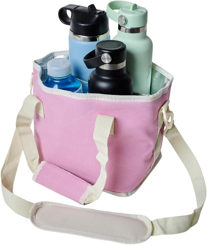 4 Water Bottle Holder with Strap | Family Size 4 Compartment Drink Bag, Multiple Tumbler Carrier Caddy | Adjustable Fits Large & Small Drinks | Hands Free, Won't Tip Over in Car