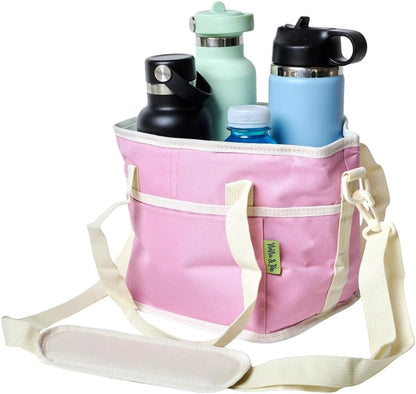 4 Water Bottle Holder with Strap | Family Size 4 Compartment Drink Bag, Multiple Tumbler Carrier Caddy | Adjustable Fits Large & Small Drinks | Hands Free, Won't Tip Over in Car