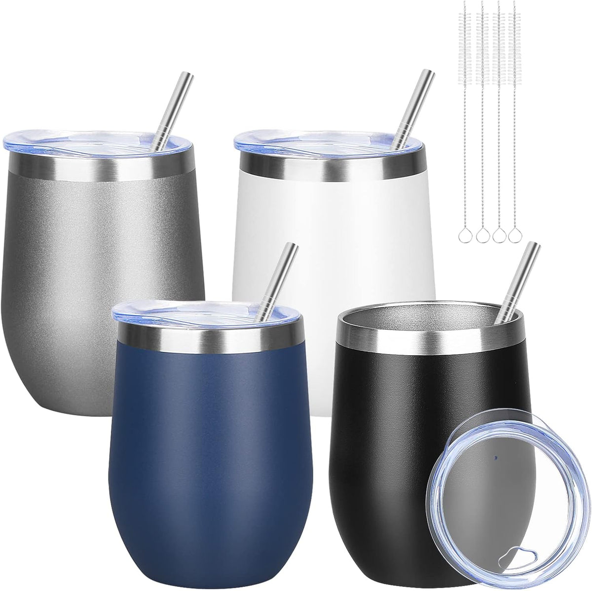 12oz/ Wine Tumbler Glasses with Lid Stemless Double Wall Vacuum Stainless Steel Travel Tumbler Keeping Cold & Hot for Wine,Coffee,Cocktails,Drinks-Family and Gifts (Multi color-dark)