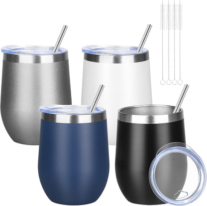 12oz/ Wine Tumbler Glasses with Lid Stemless Double Wall Vacuum Stainless Steel Travel Tumbler Keeping Cold & Hot for Wine,Coffee,Cocktails,Drinks-Family and Gifts (Multi color-dark)