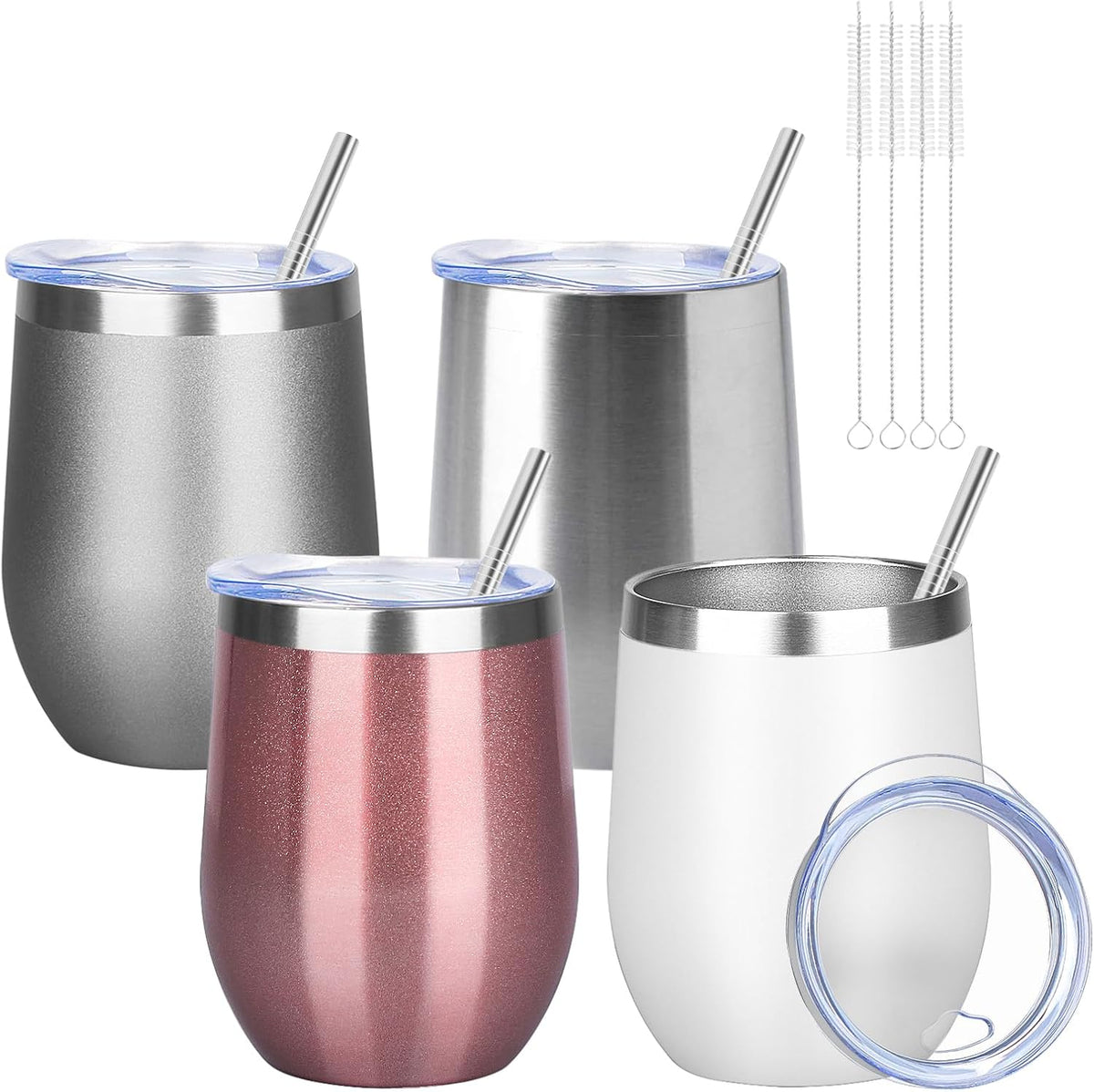 12oz/ Wine Tumbler Glasses with Lid Stemless Double Wall Vacuum Stainless Steel Travel Tumbler Keeping Cold & Hot for Wine,Coffee,Cocktails,Drinks-Family and Gifts (Multi color-dark)