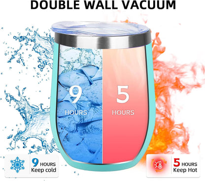 12oz/ Wine Tumbler Glasses with Lid Stemless Double Wall Vacuum Stainless Steel Travel Tumbler Keeping Cold & Hot for Wine,Coffee,Cocktails,Drinks-Family and Gifts (Multi color-dark)
