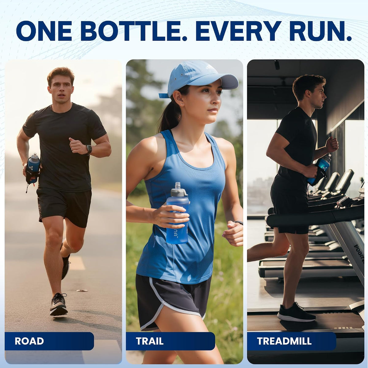 Handheld Running Water Bottle 18 oz – Grip-Free Collapsible Water Bottles for Running with Adjustable Strap & Thumbhole, Expandable Phone Pocket, Race Cap for One-Hand Drinking