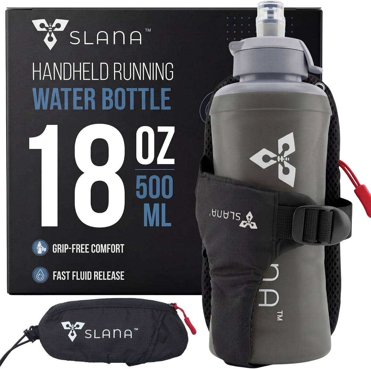 Handheld Running Water Bottle 18 oz – Grip-Free Collapsible Water Bottles for Running with Adjustable Strap & Thumbhole, Expandable Phone Pocket, Race Cap for One-Hand Drinking