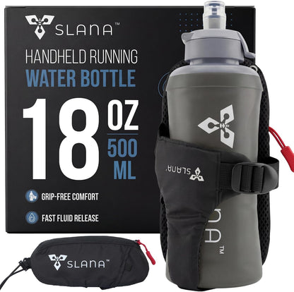 Handheld Running Water Bottle 18 oz – Grip-Free Collapsible Water Bottles for Running with Adjustable Strap & Thumbhole, Expandable Phone Pocket, Race Cap for One-Hand Drinking