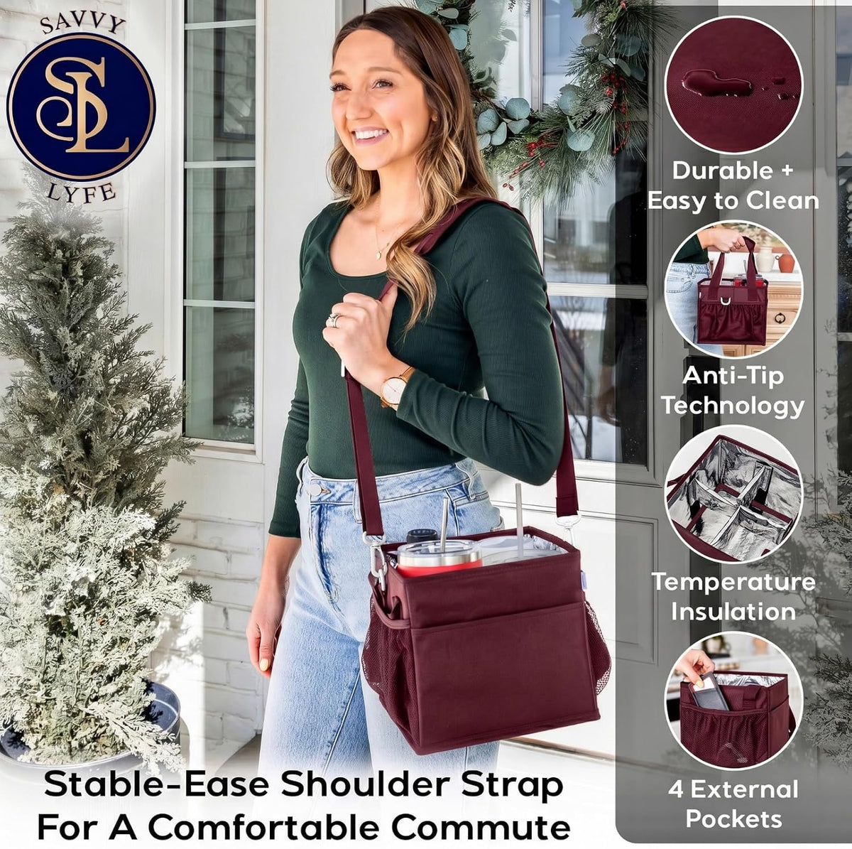 Reusable Drink Carrier with Handle – Tip-Resistant 4 Cup Carrier with Shoulder Strap for Delivery – Insulated, Foldable, Adjustable Dividers – Portable Caddy Tote Bag, Drink Holder for Car