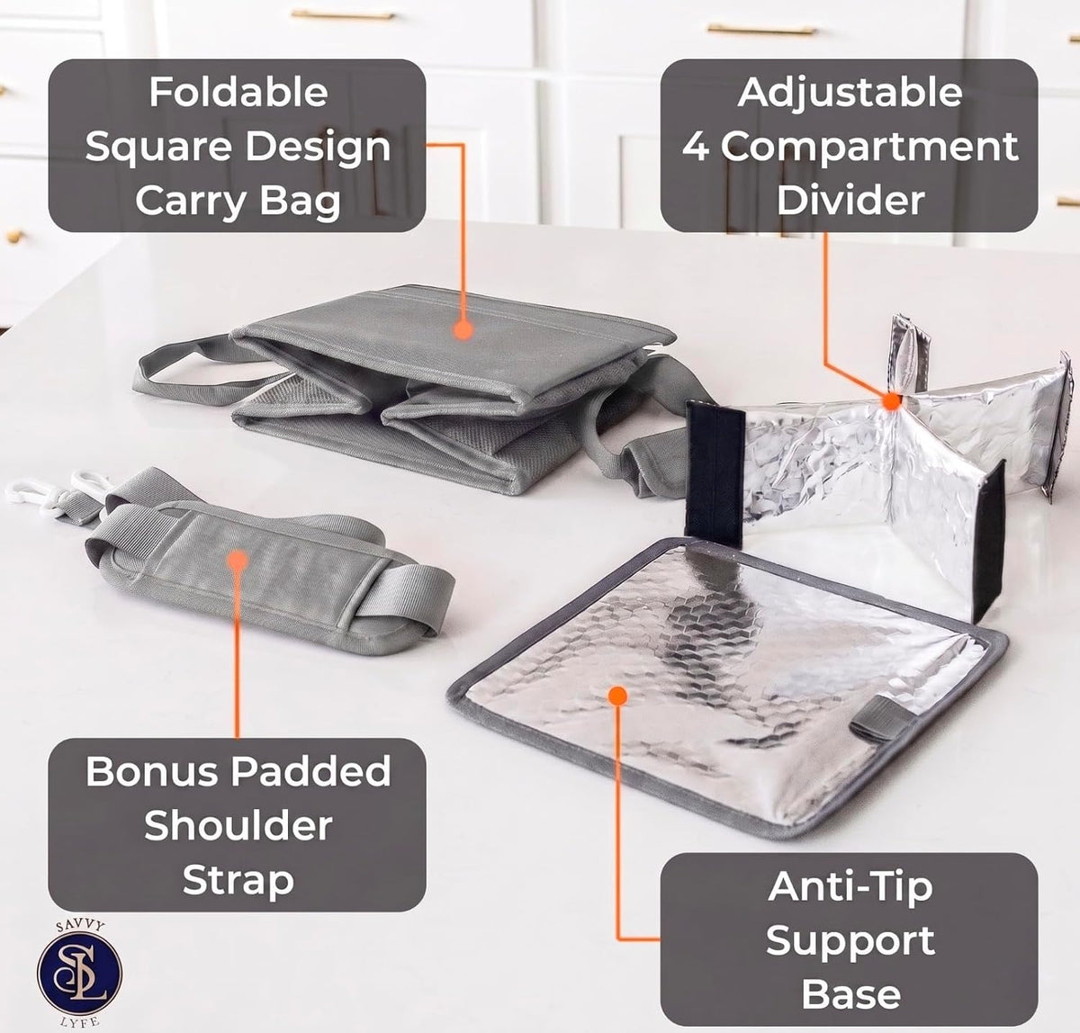 Reusable Drink Carrier with Handle – Tip-Resistant 4 Cup Carrier with Shoulder Strap for Delivery – Insulated, Foldable, Adjustable Dividers – Portable Caddy Tote Bag, Drink Holder for Car