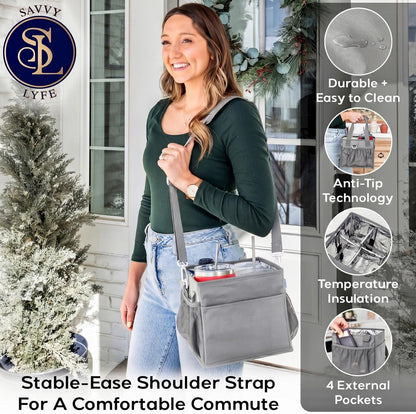 Reusable Drink Carrier with Handle – Tip-Resistant 4 Cup Carrier with Shoulder Strap for Delivery – Insulated, Foldable, Adjustable Dividers – Portable Caddy Tote Bag, Drink Holder for Car