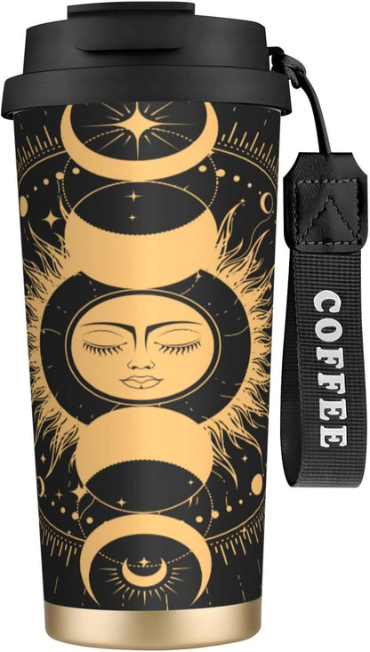 Insulated Coffee Mug,Sun & Moon With Stars Celestial Arts Double Wall Vacuum Cup With Straw & Leak Proof Lidd,Stainless Steel Tumbler Cup For Travel Party Office Camping Houses
