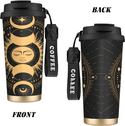 Insulated Coffee Mug,Sun & Moon With Stars Celestial Arts Double Wall Vacuum Cup With Straw & Leak Proof Lidd,Stainless Steel Tumbler Cup For Travel Party Office Camping Houses