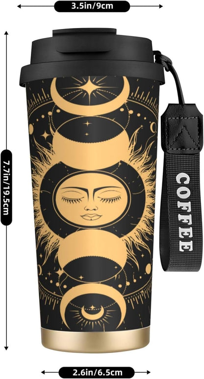 Insulated Coffee Mug,Sun & Moon With Stars Celestial Arts Double Wall Vacuum Cup With Straw & Leak Proof Lidd,Stainless Steel Tumbler Cup For Travel Party Office Camping Houses