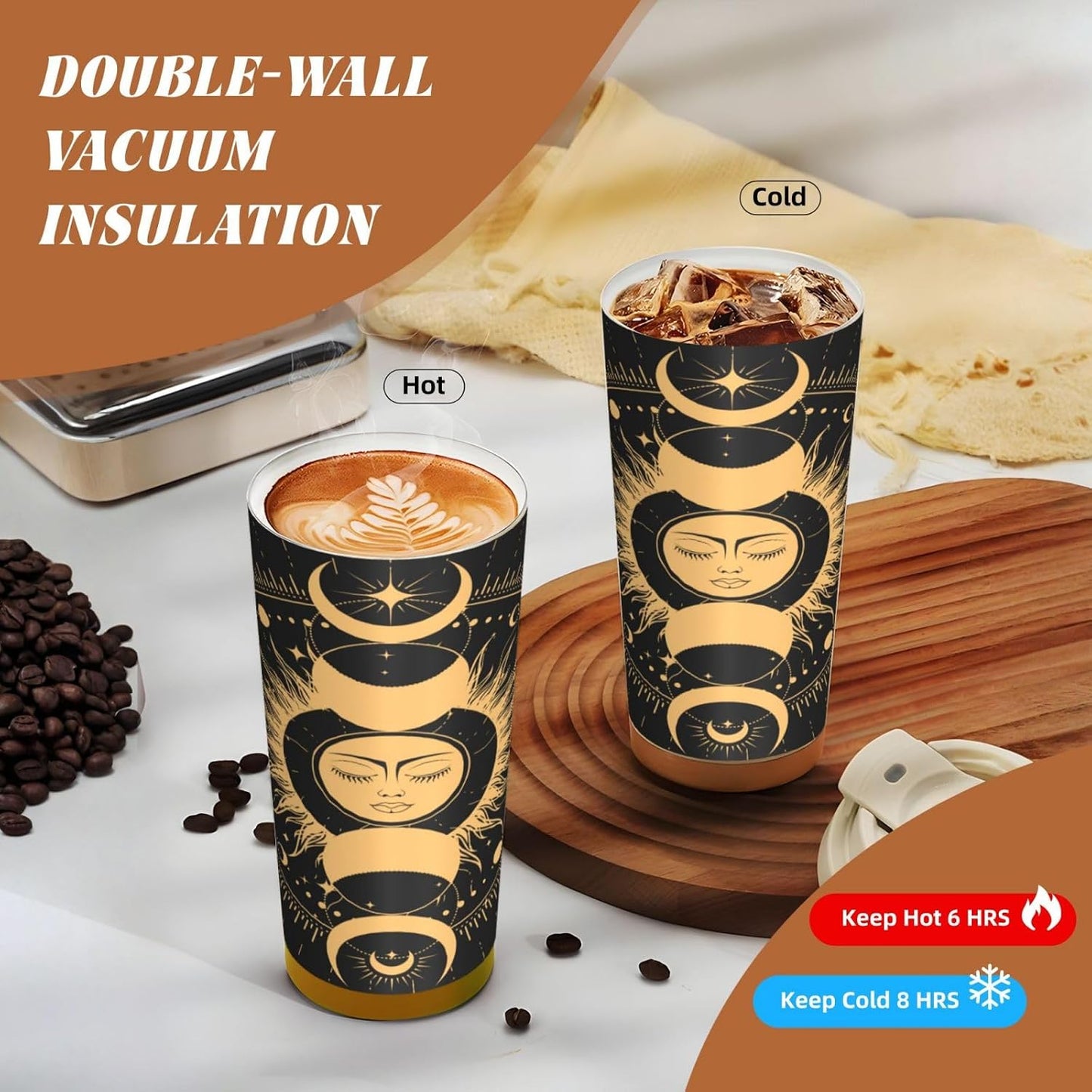 Insulated Coffee Mug,Sun & Moon With Stars Celestial Arts Double Wall Vacuum Cup With Straw & Leak Proof Lidd,Stainless Steel Tumbler Cup For Travel Party Office Camping Houses