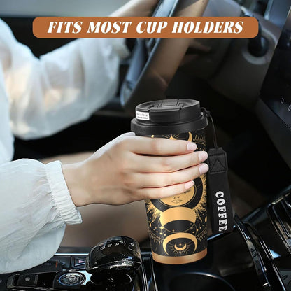Insulated Coffee Mug,Sun & Moon With Stars Celestial Arts Double Wall Vacuum Cup With Straw & Leak Proof Lidd,Stainless Steel Tumbler Cup For Travel Party Office Camping Houses