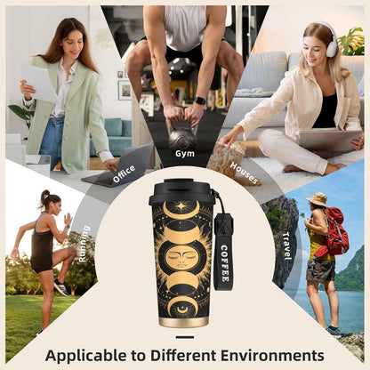 Insulated Coffee Mug,Sun & Moon With Stars Celestial Arts Double Wall Vacuum Cup With Straw & Leak Proof Lidd,Stainless Steel Tumbler Cup For Travel Party Office Camping Houses