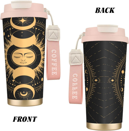 Insulated Coffee Mug,Sun & Moon With Stars Celestial Arts Double Wall Vacuum Cup With Straw & Leak Proof Lidd,Stainless Steel Tumbler Cup For Travel Party Office Camping Houses
