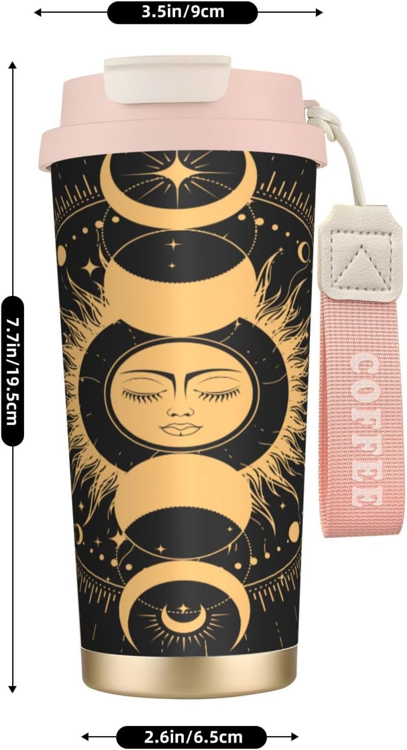 Insulated Coffee Mug,Sun & Moon With Stars Celestial Arts Double Wall Vacuum Cup With Straw & Leak Proof Lidd,Stainless Steel Tumbler Cup For Travel Party Office Camping Houses