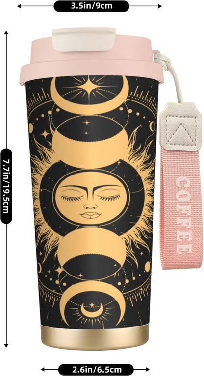 Insulated Coffee Mug,Sun & Moon With Stars Celestial Arts Double Wall Vacuum Cup With Straw & Leak Proof Lidd,Stainless Steel Tumbler Cup For Travel Party Office Camping Houses