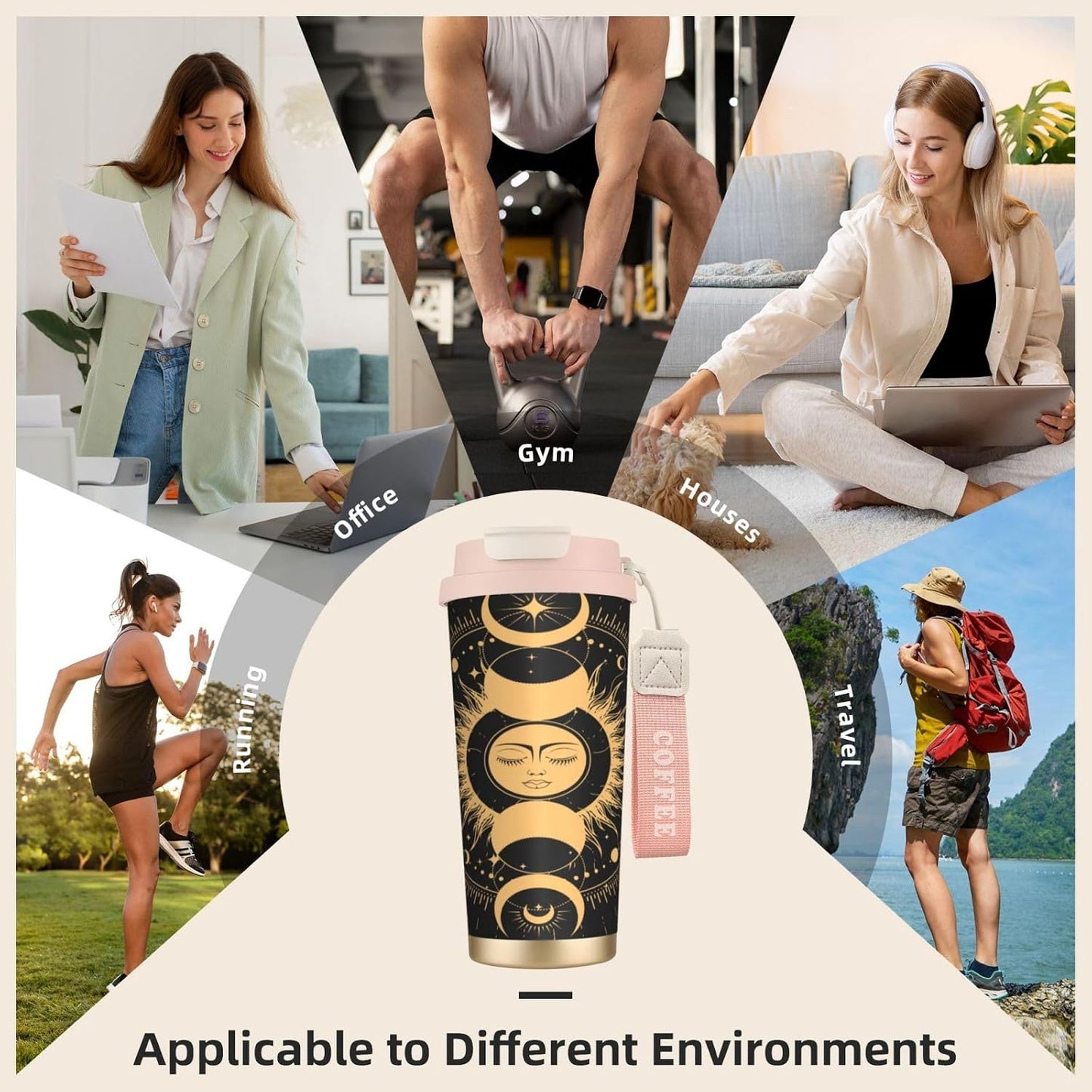 Insulated Coffee Mug,Sun & Moon With Stars Celestial Arts Double Wall Vacuum Cup With Straw & Leak Proof Lidd,Stainless Steel Tumbler Cup For Travel Party Office Camping Houses