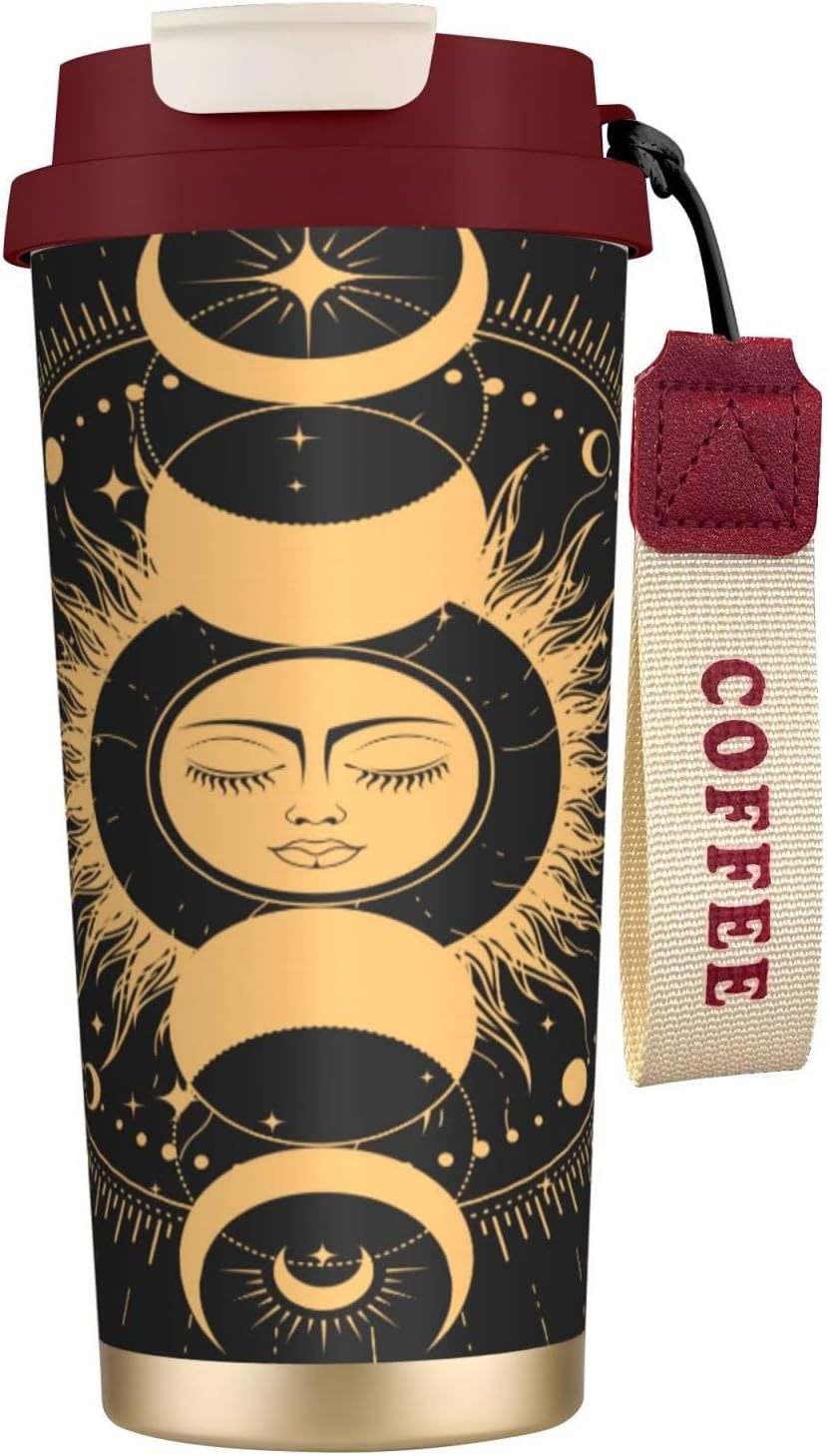 Insulated Coffee Mug,Sun & Moon With Stars Celestial Arts Double Wall Vacuum Cup With Straw & Leak Proof Lidd,Stainless Steel Tumbler Cup For Travel Party Office Camping Houses
