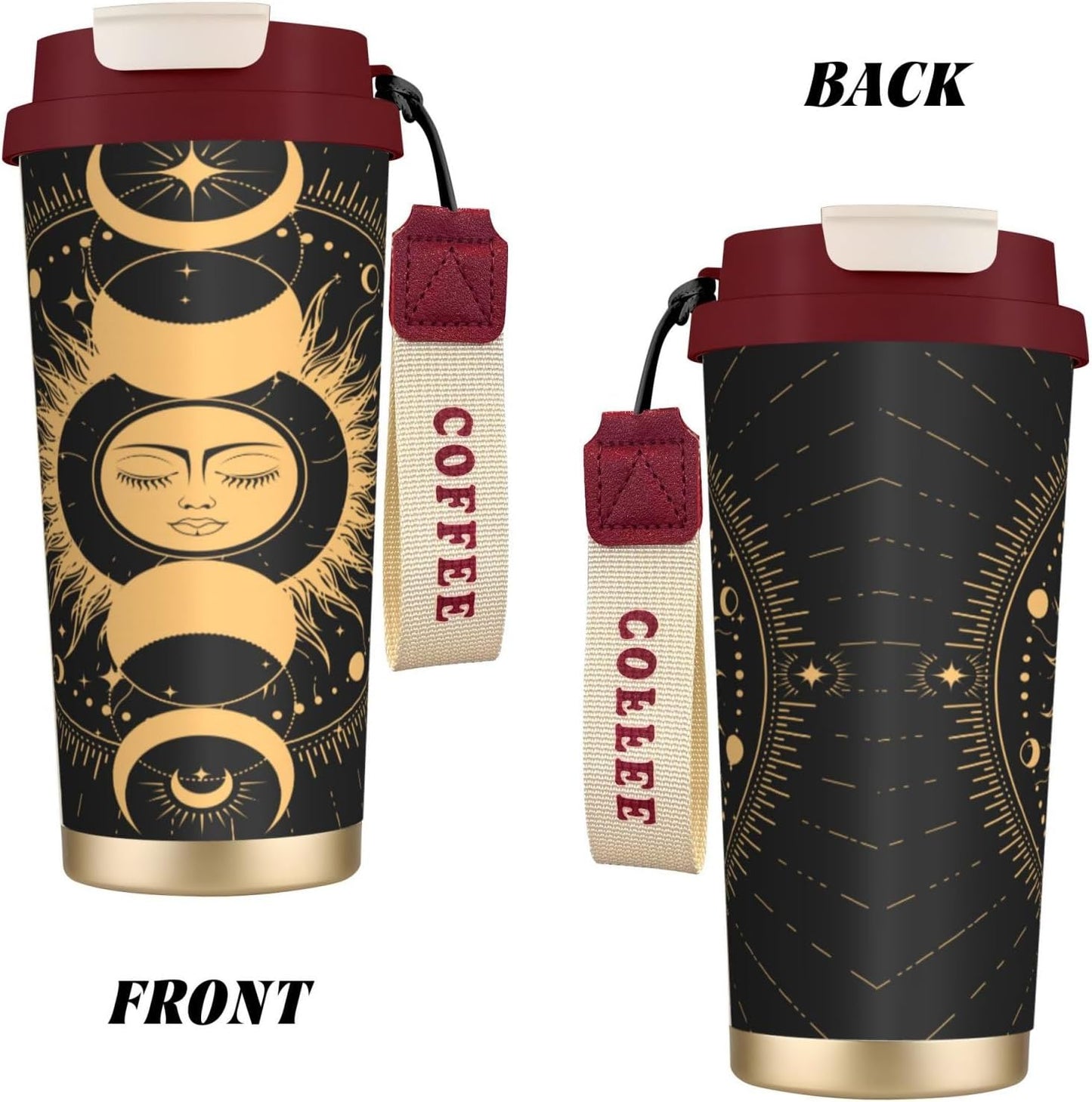Insulated Coffee Mug,Sun & Moon With Stars Celestial Arts Double Wall Vacuum Cup With Straw & Leak Proof Lidd,Stainless Steel Tumbler Cup For Travel Party Office Camping Houses