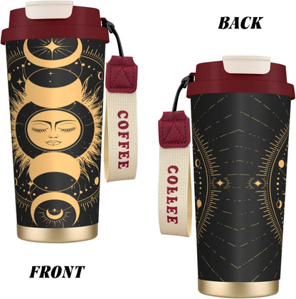 Insulated Coffee Mug,Sun & Moon With Stars Celestial Arts Double Wall Vacuum Cup With Straw & Leak Proof Lidd,Stainless Steel Tumbler Cup For Travel Party Office Camping Houses