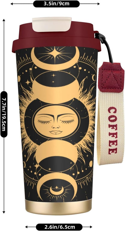 Insulated Coffee Mug,Sun & Moon With Stars Celestial Arts Double Wall Vacuum Cup With Straw & Leak Proof Lidd,Stainless Steel Tumbler Cup For Travel Party Office Camping Houses