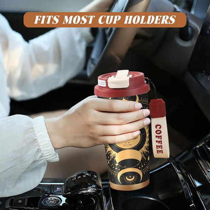 Insulated Coffee Mug,Sun & Moon With Stars Celestial Arts Double Wall Vacuum Cup With Straw & Leak Proof Lidd,Stainless Steel Tumbler Cup For Travel Party Office Camping Houses