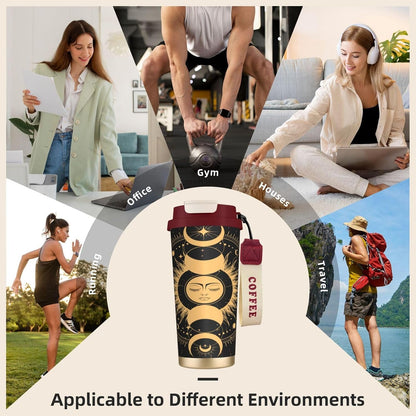 Insulated Coffee Mug,Sun & Moon With Stars Celestial Arts Double Wall Vacuum Cup With Straw & Leak Proof Lidd,Stainless Steel Tumbler Cup For Travel Party Office Camping Houses