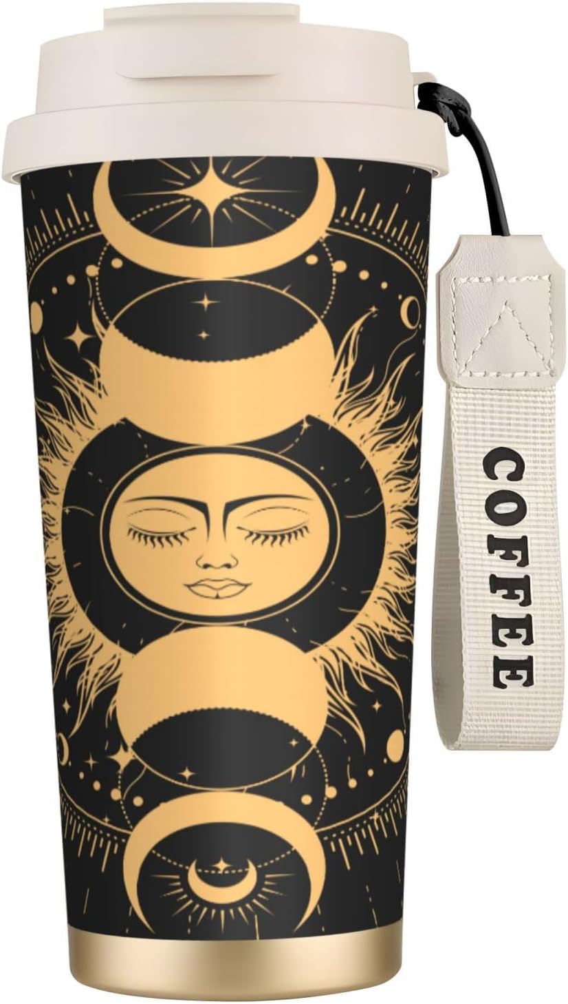 Insulated Coffee Mug,Sun & Moon With Stars Celestial Arts Double Wall Vacuum Cup With Straw & Leak Proof Lidd,Stainless Steel Tumbler Cup For Travel Party Office Camping Houses