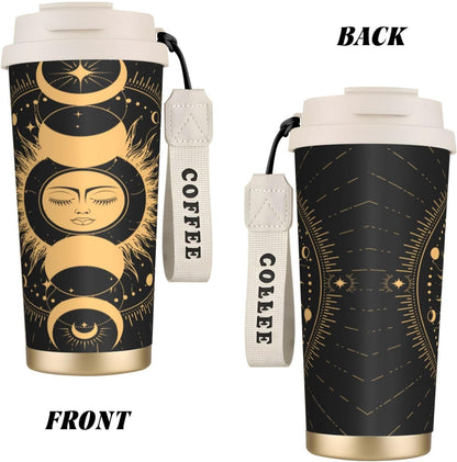 Insulated Coffee Mug,Sun & Moon With Stars Celestial Arts Double Wall Vacuum Cup With Straw & Leak Proof Lidd,Stainless Steel Tumbler Cup For Travel Party Office Camping Houses