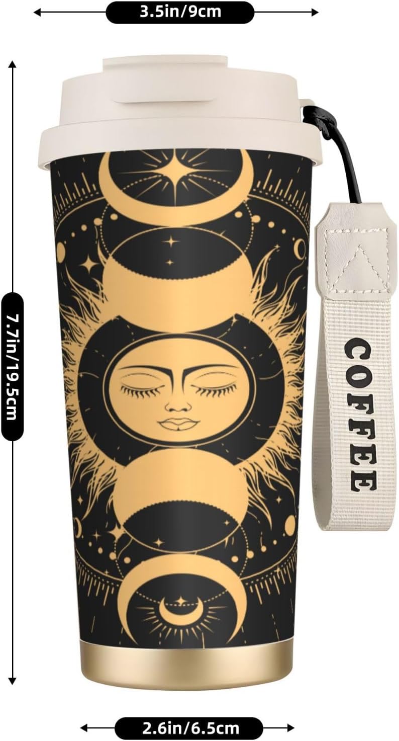 Insulated Coffee Mug,Sun & Moon With Stars Celestial Arts Double Wall Vacuum Cup With Straw & Leak Proof Lidd,Stainless Steel Tumbler Cup For Travel Party Office Camping Houses