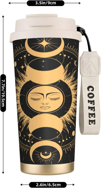 Insulated Coffee Mug,Sun & Moon With Stars Celestial Arts Double Wall Vacuum Cup With Straw & Leak Proof Lidd,Stainless Steel Tumbler Cup For Travel Party Office Camping Houses