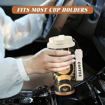 Insulated Coffee Mug,Sun & Moon With Stars Celestial Arts Double Wall Vacuum Cup With Straw & Leak Proof Lidd,Stainless Steel Tumbler Cup For Travel Party Office Camping Houses