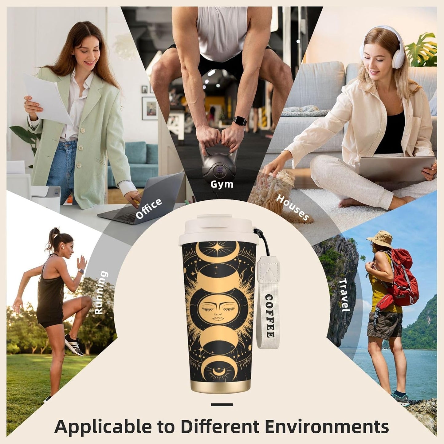 Insulated Coffee Mug,Sun & Moon With Stars Celestial Arts Double Wall Vacuum Cup With Straw & Leak Proof Lidd,Stainless Steel Tumbler Cup For Travel Party Office Camping Houses