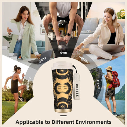 Insulated Coffee Mug,Sun & Moon With Stars Celestial Arts Double Wall Vacuum Cup With Straw & Leak Proof Lidd,Stainless Steel Tumbler Cup For Travel Party Office Camping Houses