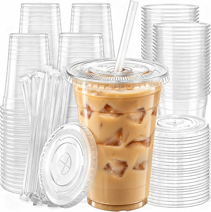 100 Pack 16 oz Plastic Cups with Lids and Straws, Clear Disposable Plastic Cups, Heavy Duty Iced Coffee Cups with Leak-Resistant Lids, Cold Drink Cups for Smoothies, Juice, Soda & Party To Go
