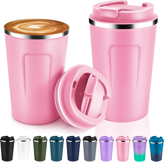 Volhoply 12 oz Double Wall Insulated Vacuum Travel Coffee Mugs with Flip Lid Bulk,Reusable Stainless Steel Leak Proof Coffee Cup,Portable Cafe Thermal Tumbler for Hot & Cold Drinks(Pink)