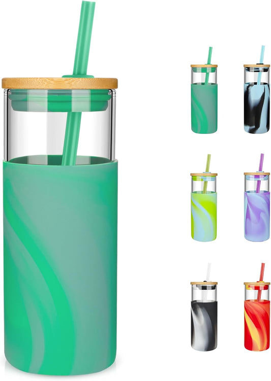 20 oz Glass Tumbler with Lids and Straws, Reusable Iced Coffee Cups - Colors B