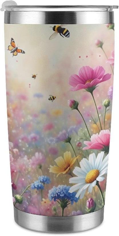 Butterflies Bees Pink Purple White Flowers 20 Oz Insulated Tumbler with Lid And Straw, Double Silver Rim Stainless Steel Travel Coffee Mug, Vacuum Leakproof Cup for Car, Office & Camping