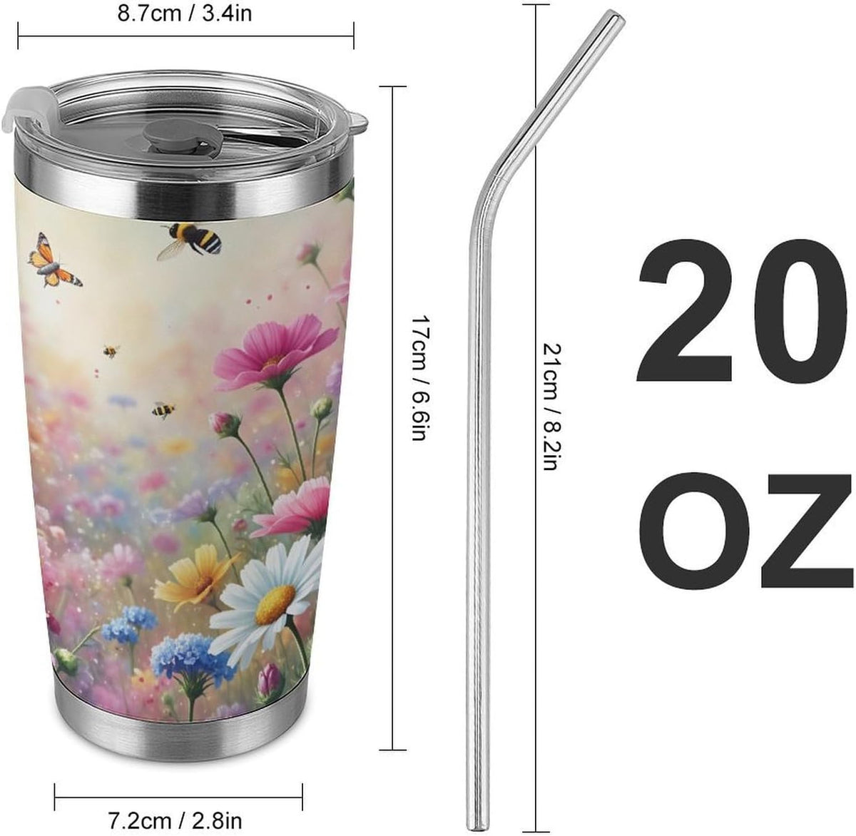 Butterflies Bees Pink Purple White Flowers 20 Oz Insulated Tumbler with Lid And Straw, Double Silver Rim Stainless Steel Travel Coffee Mug, Vacuum Leakproof Cup for Car, Office & Camping