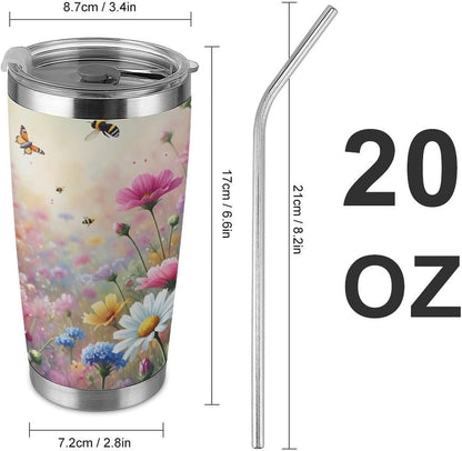 Butterflies Bees Pink Purple White Flowers 20 Oz Insulated Tumbler with Lid And Straw, Double Silver Rim Stainless Steel Travel Coffee Mug, Vacuum Leakproof Cup for Car, Office & Camping