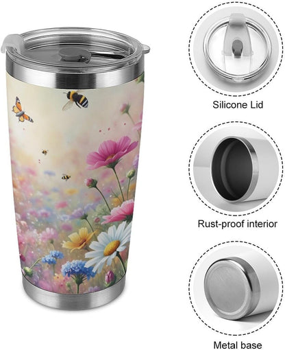 Butterflies Bees Pink Purple White Flowers 20 Oz Insulated Tumbler with Lid And Straw, Double Silver Rim Stainless Steel Travel Coffee Mug, Vacuum Leakproof Cup for Car, Office & Camping
