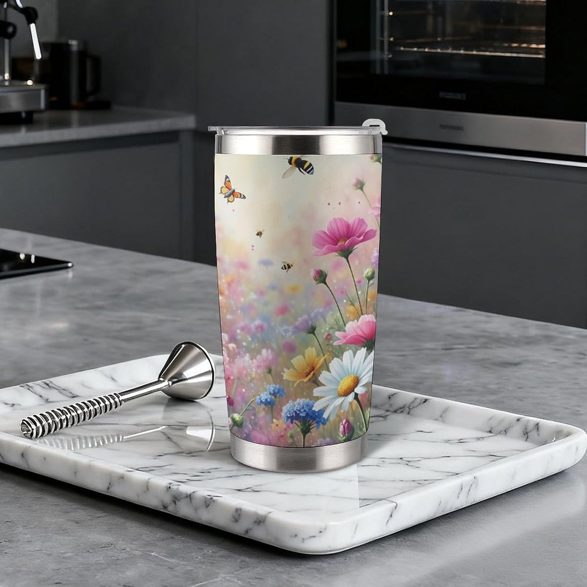 Butterflies Bees Pink Purple White Flowers 20 Oz Insulated Tumbler with Lid And Straw, Double Silver Rim Stainless Steel Travel Coffee Mug, Vacuum Leakproof Cup for Car, Office & Camping