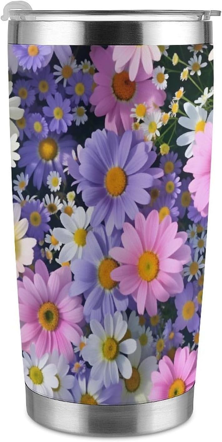 Butterflies Bees Pink Purple White Flowers 20 Oz Insulated Tumbler with Lid And Straw, Double Silver Rim Stainless Steel Travel Coffee Mug, Vacuum Leakproof Cup for Car, Office & Camping